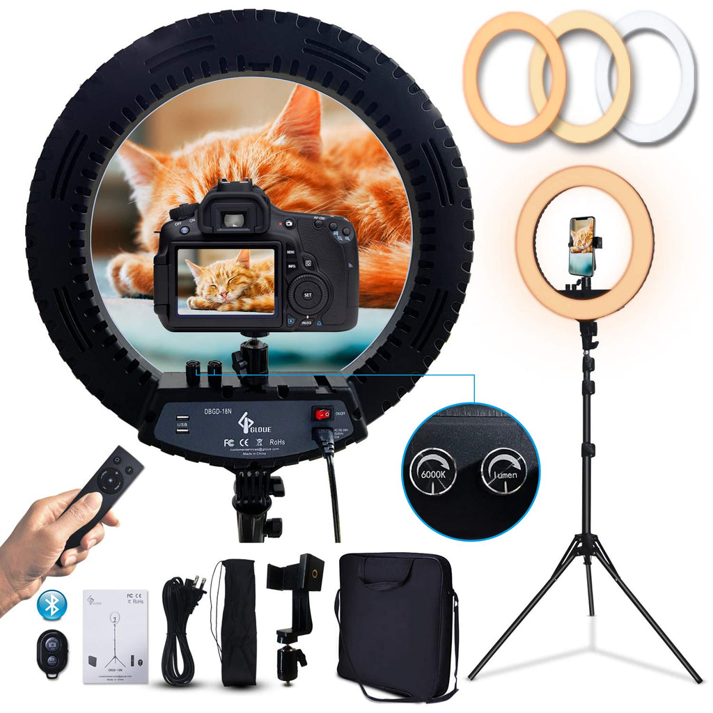 GLOUE 18 Inch Pro Ring Light Kit with Tripod Stand Phone Holder Ball Head Dimmable 3000-6000K Ringlight for Live Streaming YouTube Vlog Video Shooting Camera Photography Makeup Selfie